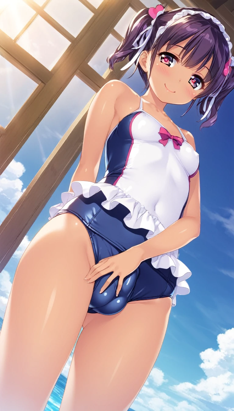 1girl, futanari, Slight crotch bulge, tiny girl, young girl, mesugaki, mesugaki smile, Boyish, long frilled SKIRT, swim suit, breasts, big ass, thick thighs, Teasing, naughty looks, heart eyes, Lower arm, A girl puts her hand on her crotch,, tidy, Focus on the girl, glossy skin, oily skin, Gravure, pinup, junior idols, Masterpiece:2, Top Quality, high Quality, Very Detailed, ultra  High Resolution, super High Resolution, Beautiful Detail, Dynamic angles, perfect lighting, 8k, Animation Style,  cartoon style, game cg, 