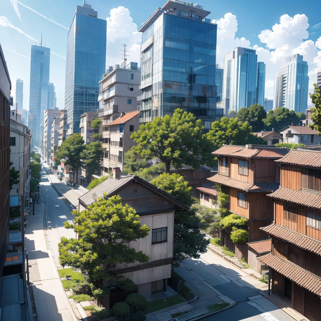 cities with big buildings and some trees and manga-style black and white houses  