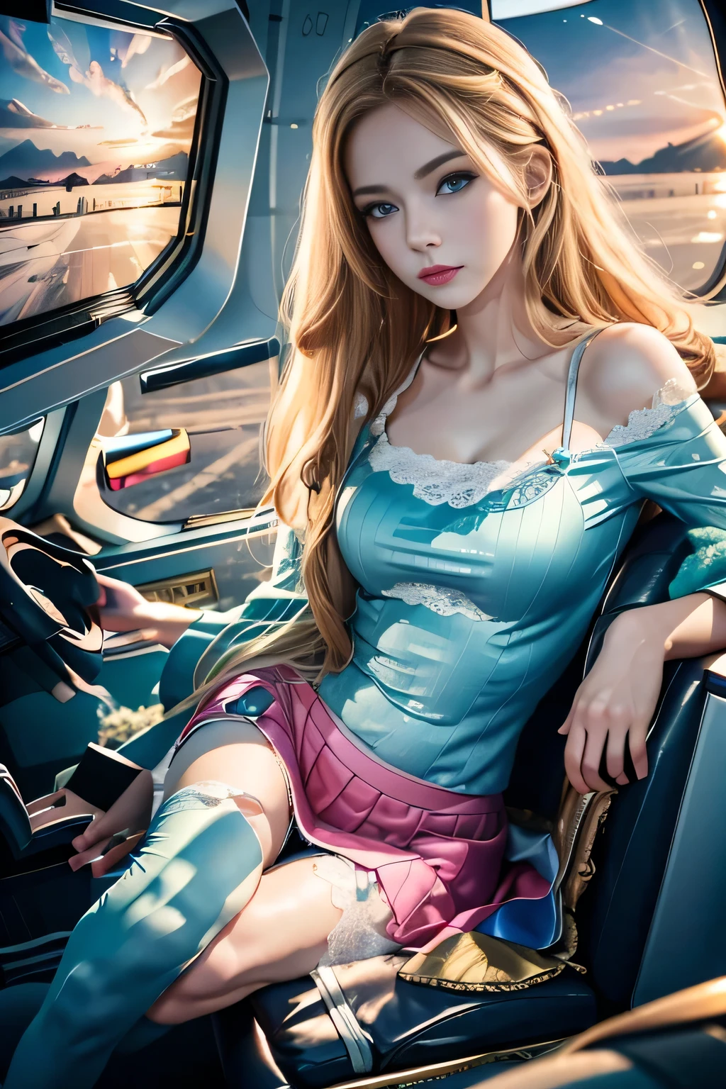 (8K, RAW photos, best quality, proficient:1.2), (Practical, Photo-real:1.2), (Ultra-high resolution), (Extremely detailed), , 1 Girl, Long blond hair,Blue pupils,Pretty Face, Symmetrical eyes, Taiwan baby 5, Perfect body proportions,Mid-chest,(Pink Stewardess,Lace skirt:1.2),navel open,Tight Fit,badge,Thin legs,sit,Delicate skin,Looking at the audience,(Aircraft interior:1.2),motion capture,Front view