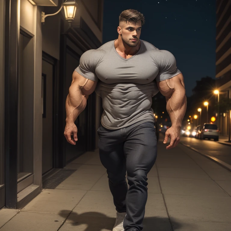 a very handsome young man, gray shirt, extremely handsome, very muscular, with very large muscles, defined and muscular body, on a sidewalk at night