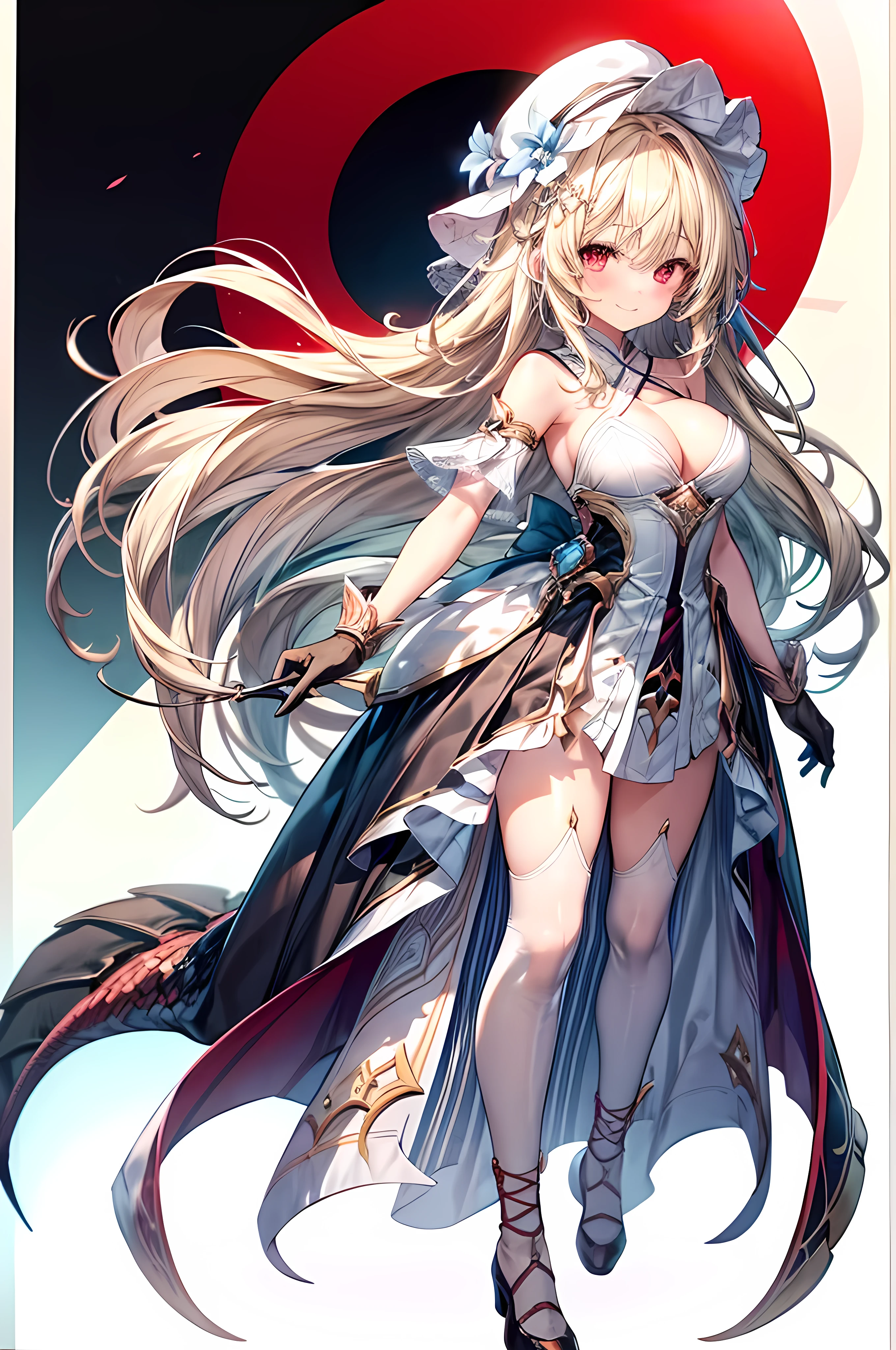 Head to Toe,whole body,Overall image, looking at viewer, upright, arms at side, concept art, A young woman with long light blonde hair is standing facing forward。、I'm wearing a hat。, alone, Dragon Red Eyes, smile, simple background, blush, bangs, Wearing lace-up shoes,Wearing gloves,Dragon Princess, looking at viewer