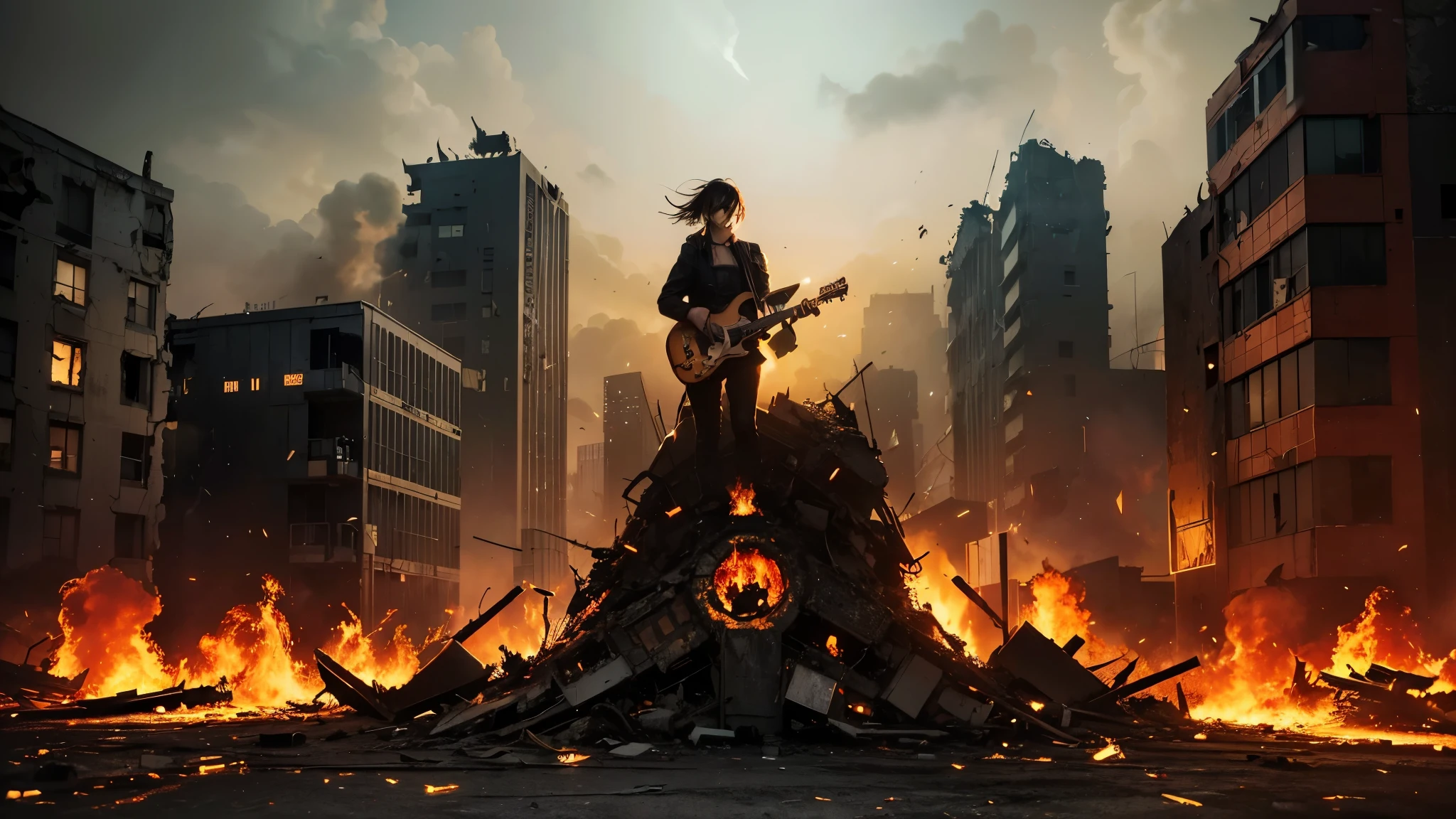 "Create an album cover depicting a dystopian cityscape in ruins, engulfed in hellish flames. Place a prominent guitar in the center, standing as a symbol of resilience and rebellion amidst the chaos. The overall scene should evoke a sense of decay, destruction, and the enduring power of music." add There are more intense flames all around　in the hell.