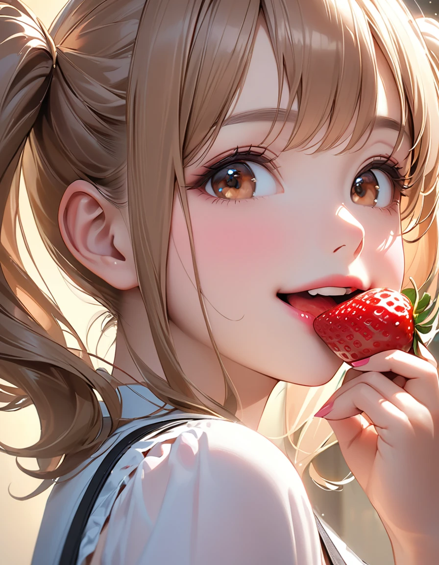 Highest quality, masterpiece, Ultra-high resolution, Realistic:1.2, RAW Photos, Intricate details, Portraiture, Big beautiful brown eyes:1.2, Perfect contours, Perfect proportions:1.2, One Girl, break ((Close-up of the mouth:1.2, from below:1.2, ((side shot:1.5)), (looking back:1.2), looking away:1.2)), ((ite, short, tinrl:1.2)), Light Brown Hair、((twintails:1.2)), (makeup:1.2, full lips:1.3, pink lips:1.3, shiny lips:1.3), (Trying to eat a strawberry:1.2、kiss a strawberry), (Hold a strawberry in front of your mouth:1.2), (High-end sleeveless shirt:1.2, Tight Skirt:1.2), break (Happy expression:1.2)、((big smile:1.2))、 (Background: Company、A few colleagues)