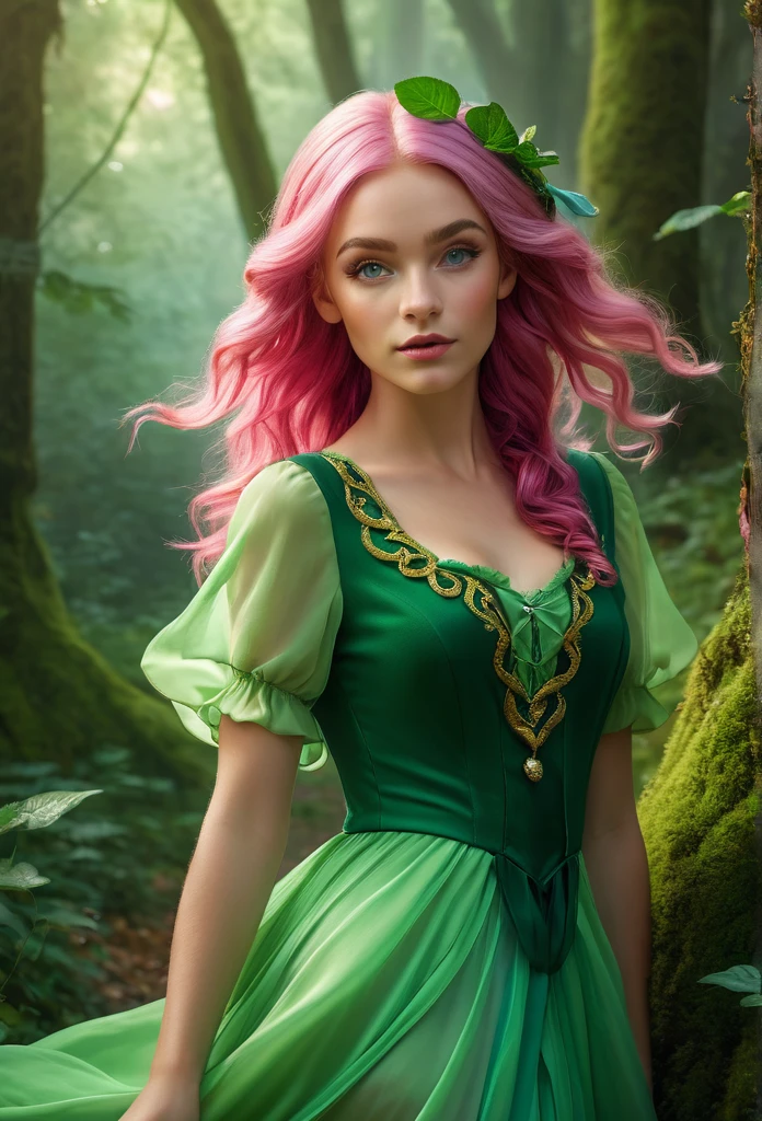 (best qualityer,4K,8k,high resolution,work of art:1.2),ultra detali,(realisitic,photorealisitic,photo-realisitic:1.37),fancy, Leprechaun, beautiful girl,, Close do rosto, pink hair, Pearly eyes, detailed features, ethereal atmosphere, soft lighting, enchanted forest, flowing dress, funny posture, swirly vibrant colors