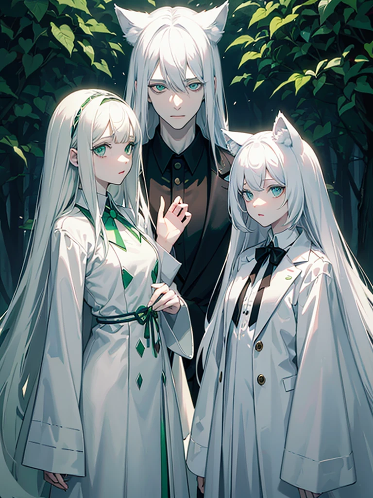 A psychologist with a white coat and wolf ears, beautiful, albino, tall, 28 years old, with his two twin sisters with emerald green eyes.