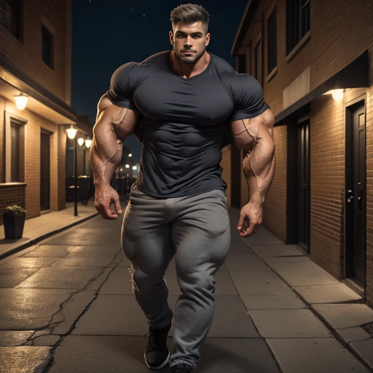 a very handsome young man, gray shirt, extremely handsome, very muscular, with very large muscles, defined and muscular body, on a sidewalk at night