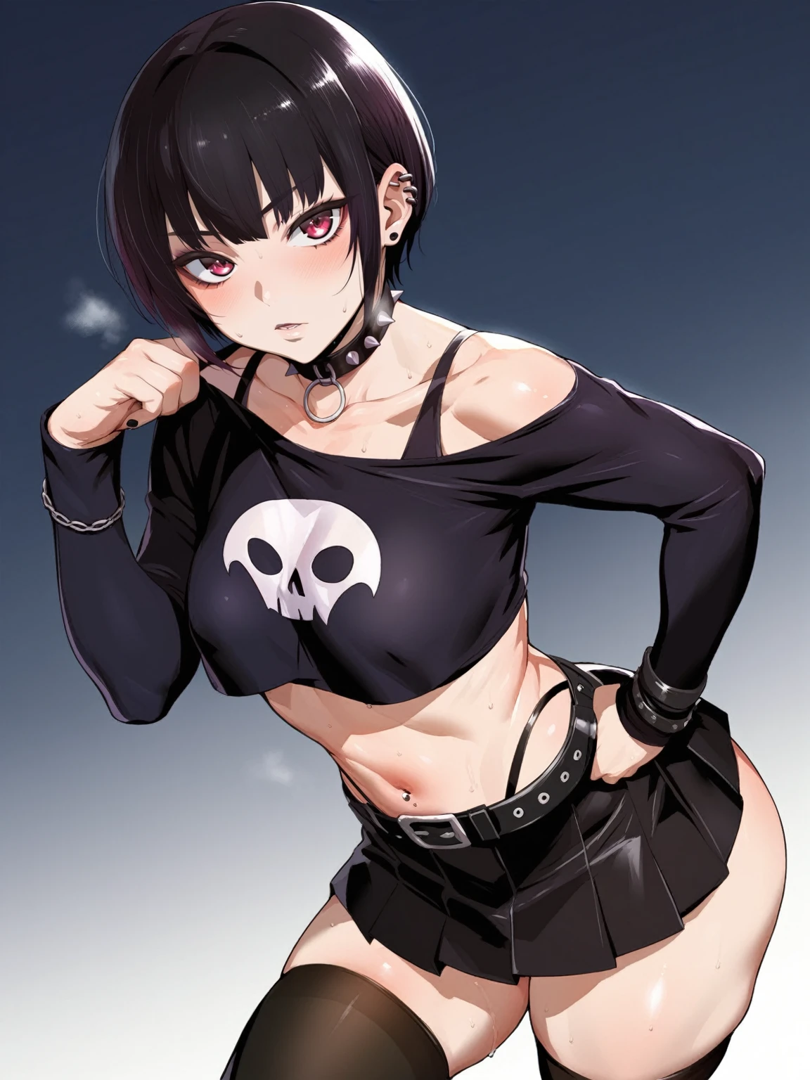 source_anime, rating_explicit, score_9, score_8_up, score_7_up, black_hair, goth, gothic, short_hair, looking at viewer, crop top, skirt, thighhighs, black clotges, goth girl, ikuchan