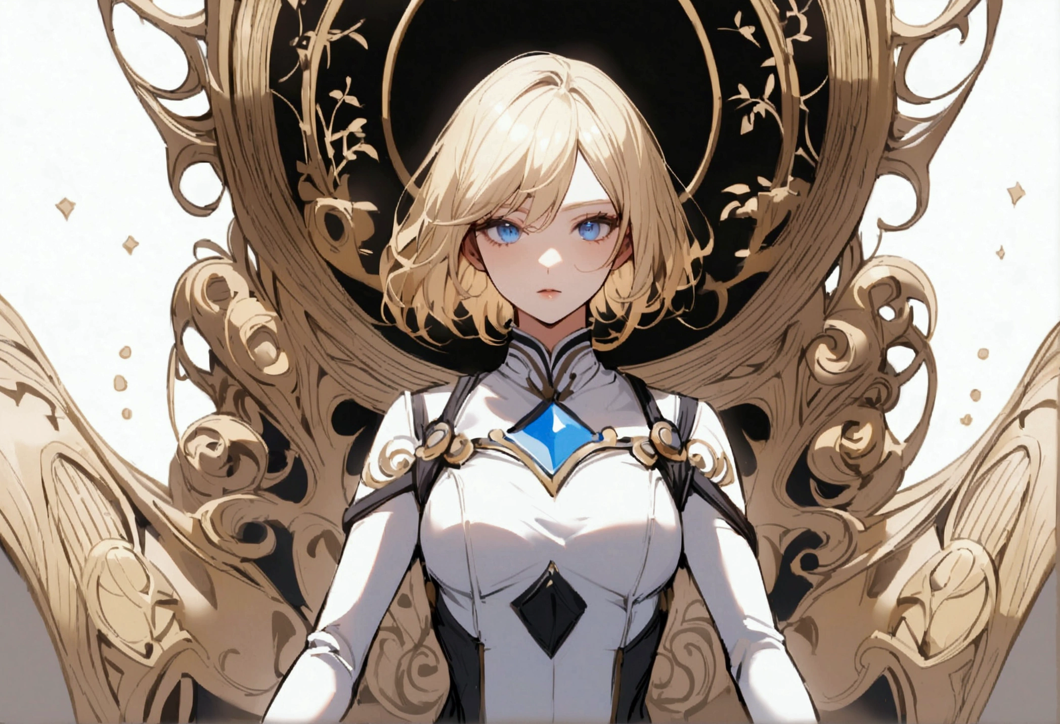 Tomboish girl, short blond hair, blue eyes, wearing a simple black and white space military skinsuit