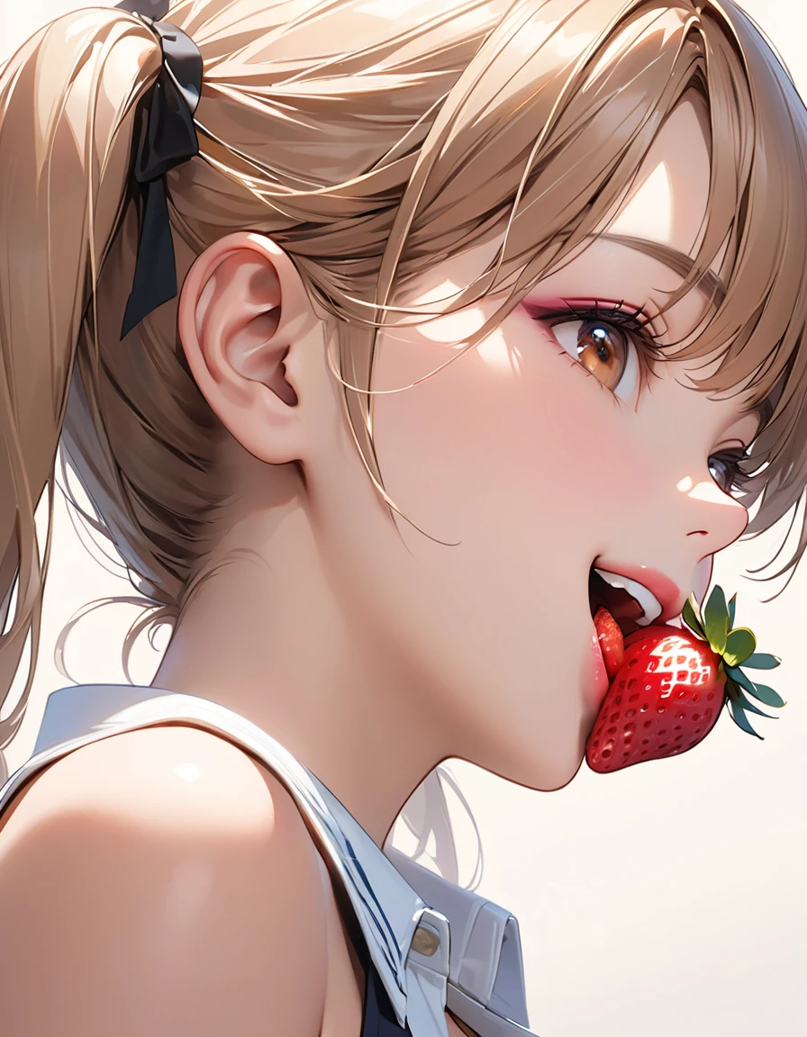 Highest quality, masterpiece, Ultra-high resolution, Realistic:1.2, RAW Photos, Intricate details, Portraiture,　Big beautiful brown eyes:1.2, Perfect contours, Perfect proportions:1.2, One Girl, break　((Close-up of the mouth:1.2, from below:1.2, ((side shot:1.5)), (looking back:1.2), looking away:1.2)), ((petite, short, tiny girl:1.2)), Light Brown Hair、((twintails:1.2)), (makeup:1.2, full lips:1.3, pink lips:1.3, shiny lips:1.3), (Trying to eat a strawberry:1.2、kiss a strawberry), (Hold a strawberry in front of your mouth:1.2), (High-end sleeveless shirt:1.2, Tight Skirt:1.2), break　(Happy expression:1.2)、((big smile:1.2))、 (Background: Company、A few colleagues)