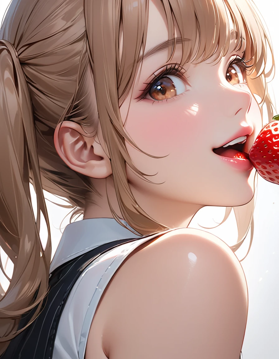 Highest quality, masterpiece, Ultra-high resolution, Realistic:1.2, RAW Photos, Intricate details, Portraiture, Big beautiful brown eyes:1.2, Perfect contours, Perfect proportions:1.2, One Girl, break ((Close-up of the mouth:1.2, from below:1.2, ((side shot:1.5)), (looking back:1.2), looking away:1.2)), ((petite, short, tiny girl:1.2)), Light Brown Hair、((twintails:1.2)), (makeup:1.2, full lips:1.3, pink lips:1.3, shiny lips:1.3), (Trying to eat a strawberry:1.2、kiss a strawberry), (Hold a strawberry in front of your mouth:1.2), (High-end sleeveless shirt:1.2, Tight Skirt:1.2), break (Happy expression:1.2)、((big smile:1.2))、 (Background: Company、A few colleagues)