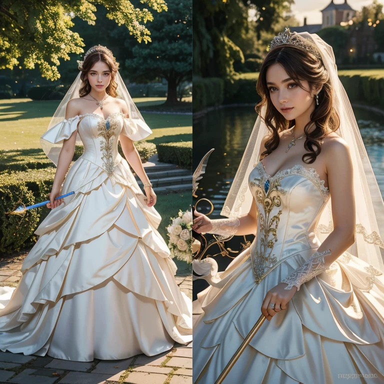 (masterpiece, best quality:1.5), highest quality, High resolution, super detailed, Realists, Upper body photo of a brunette young magical girl, detailed and beautiful eyes, beautiful detailed lips, very detailed eyes and face, longeyelashes, white satin wedding dress, Holding a magic wand in your hand, Cast a transformation spell, With her magic wand she transforms a swan into a dress, Glowing wands available,Beautiful and colorful makeup, elegant and noble々The jewelry bag, Gardens as background, soft daylight, bright colors, fine brushstrokes, Portrait style, Silk dress fabric, beautiful color palette, glowing skin, First-class rendering, that captures every detail, enchanting atmosphere, subtle shadows and lights, (perfect anatomy:1.2), (The stunning magical girl in a wedding dress turns a swan into a dress, (a transformation with the magic wand:1.4), (magnificent panorama view:1.2)