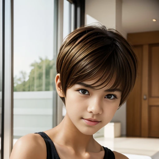 A 14 year old beautiful slim girl, short hair, tomboy hairstyle, breasts can be seen.