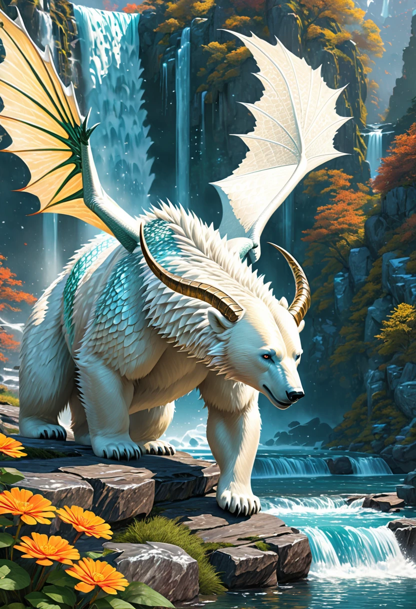 polarbear dragon hybrid. fur, scales, wooly. Wings. horns.  crests, ridges, or spines along back. official art is an award-winning digital masterpiece in 4K Ultra HD, featuring extreme detail and intricate realism. It combines the artistry of Wlop and Artgerm in a stunning 2D vector illustration. The background is a tranquil waterfall. bright colorful.