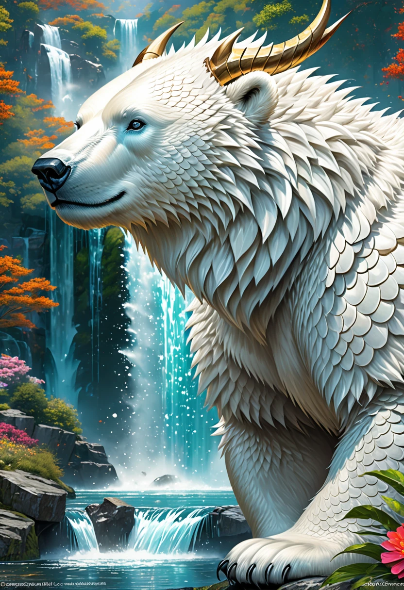 polarbear dragon hybrid. fur, scales, wooly. Wings. horns. crests, ridges, or spines along back. official art is an award-winning digital masterpiece in 4K Ultra HD, featuring extreme detail and intricate realism. It combines the artistry of Wlop and Artgerm in a stunning 2D vector illustration. The background is a tranquil waterfall. bright colorful.