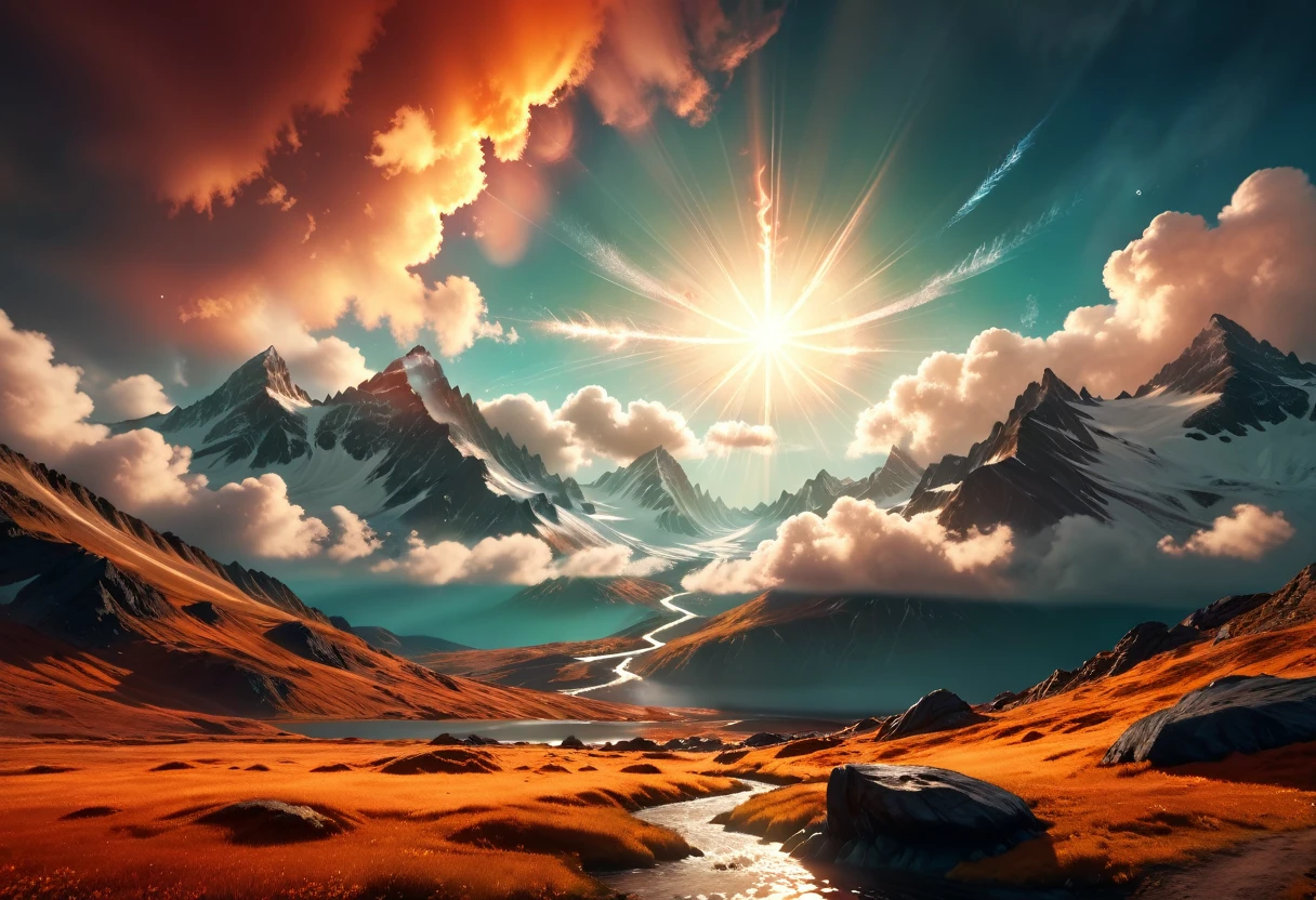 surreal, dreamlike scene with giant sun, detailed sunlight, charming mountains, glowing clouds, aurora glow, mystical atmosphere, fantasy elements, warm color palette, cinematic lighting, highly detailed, 8k, photorealistic