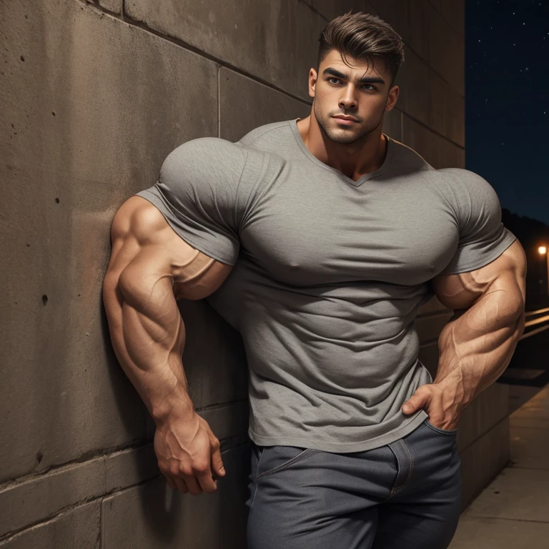 a very handsome young man, gray shirt, extremely handsome, very muscular, with very large muscles, defined and muscular body, leaning against a wall at night