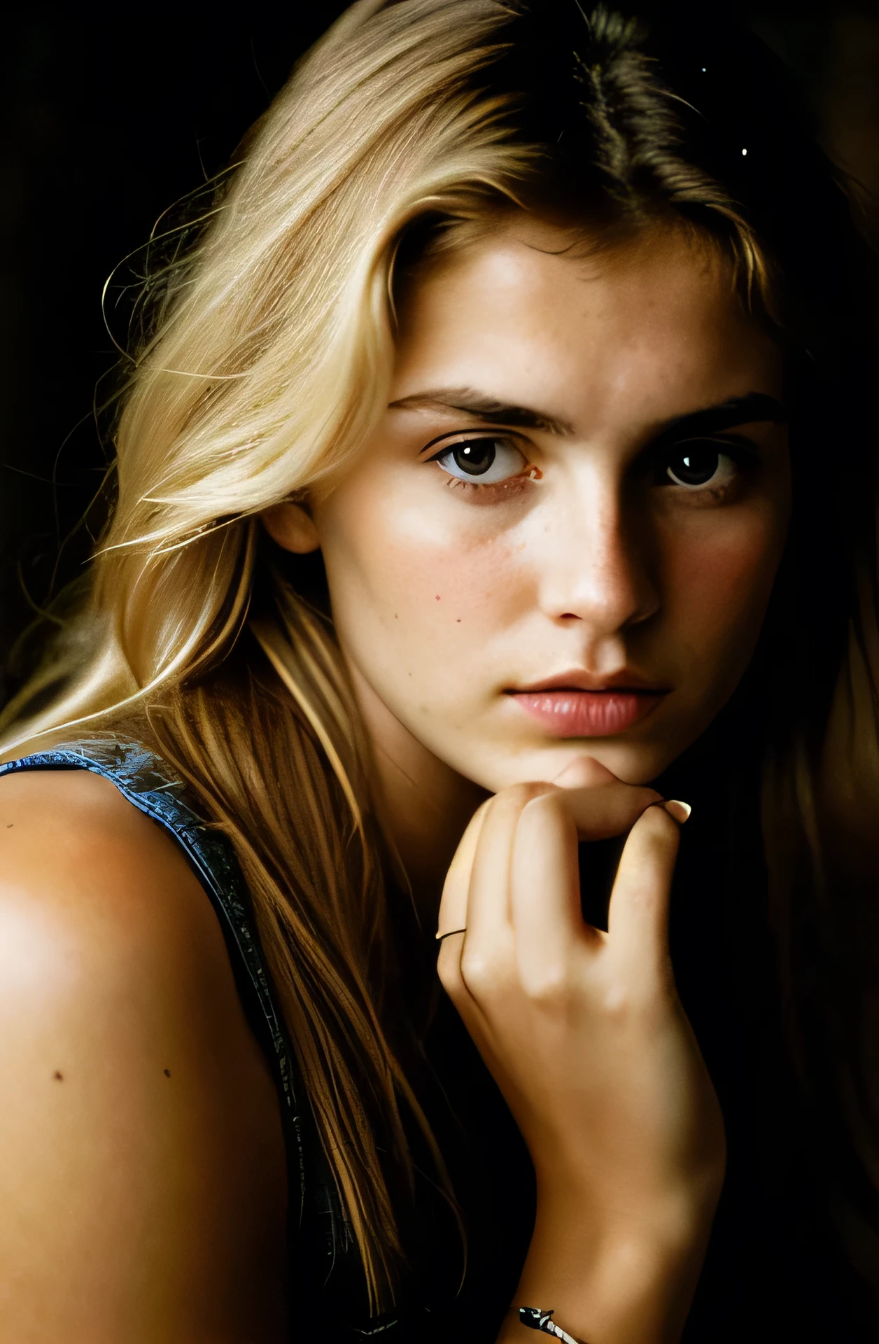 photograph of a woman, (troubled facial expression), textured skin, goosebumps, blonde indian hair, plaid flannel shirt with distressed boyfriend jeans, cowboy shot, dark and mysterious cave with unique rock formations and hidden wonders, perfect eyes, (candlelight,chiaroscuro), Porta 160 color, shot on ARRI ALEXA 65, bokeh, sharp focus on subject, shot by Don McCullin