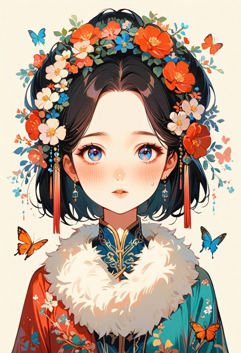 1 sister, Solitary, looking at the audience, Blushed, background, black hair color, Hair accessories, Long sleeve, White background, eternal, Full body female, Flowers in bloom, purple, Flowering, OK, Butterfly, masterpiece, Recent quality, The best details, Clear facial features, beautiful eyes