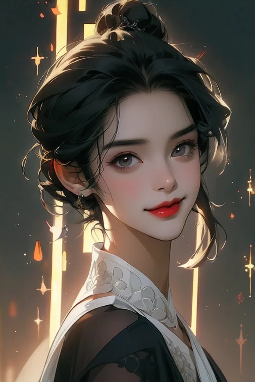 Chico, artwork, short black hair, grey eyes, pompous lips, indifferent look and with a smile, lots of lighting, dark background, glitters.