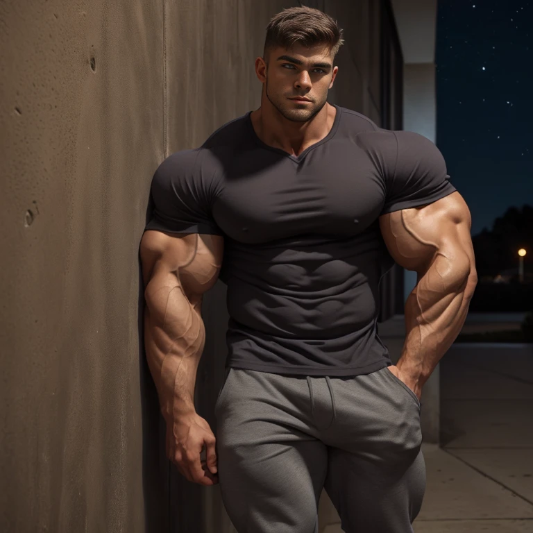 a very handsome young man, gray shirt, extremely handsome, very muscular, with very large muscles, defined and muscular body, leaning against a wall at night