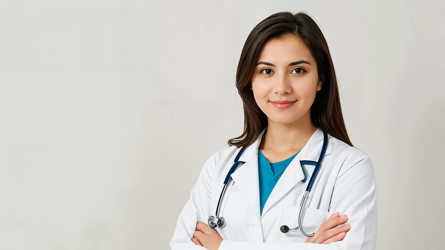 A female doctor stands with her arms crossed in the right corner of the picture. white background