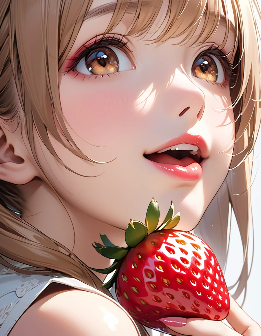 Highest quality, masterpiece, Ultra-high resolution, Realistic:1.2, RAW Photos, Intricate details, Portraiture,　Big beautiful brown eyes:1.2, Perfect contours, Perfect proportions:1.2, One Girl, break　((Close-up of the mouth:1.2, from front:1.2, ((side shot:1.5)), (looking up:1.2), looking away:1.2)), ((petite, short, tiny girl:1.2)), Light Brown Hair、((twintails:1.2)), (makeup:1.2, full lips:1.3, pink lips:1.3, shiny lips:1.3), (Trying to eat a strawberry:1.2、kiss a strawberry), (Hold a strawberry in front of your mouth:1.2), (High-end sleeveless shirt:1.2, Tight Skirt:1.2), break　(Happy expression:1.2)、((big smile:1.2))、 (Background: Company、A few colleagues)