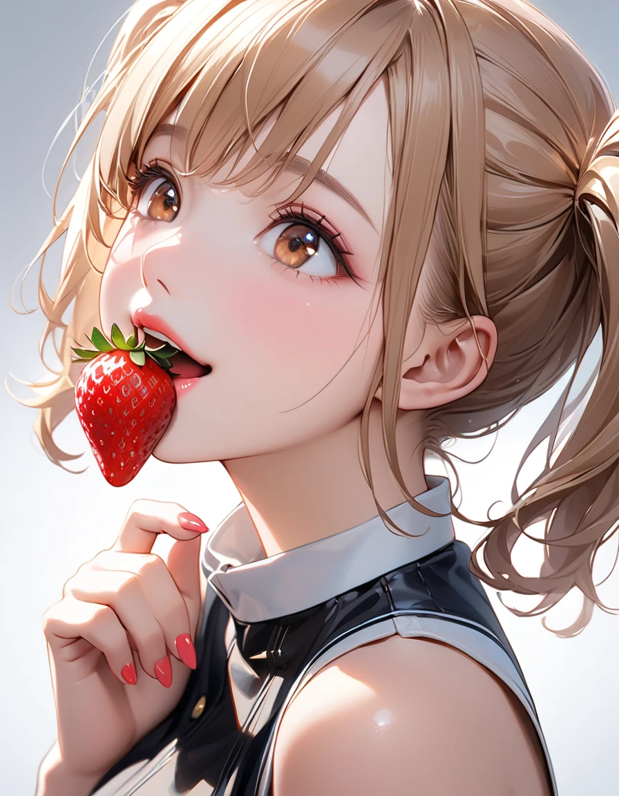 Highest quality, masterpiece, Ultra-high resolution, Realistic:1.2, RAW Photos, Intricate details, Portraiture,　Big beautiful brown eyes:1.2, Perfect contours, Perfect proportions:1.2, One Girl, break　((Close-up of the mouth:1.2, from front:1.2, ((side shot:1.5)), (looking up:1.2), looking away:1.2)), ((petite, short, tiny girl:1.2)), Light Brown Hair、((twintails:1.2)), (makeup:1.2, full lips:1.3, pink lips:1.3, shiny lips:1.3), (Trying to eat a strawberry:1.2、kiss a strawberry), (Hold a strawberry in front of your mouth:1.2), (High-end sleeveless shirt:1.2, Tight Skirt:1.2), break　(Happy expression:1.2)、((big smile:1.2))、 (Background: Company、A few colleagues)