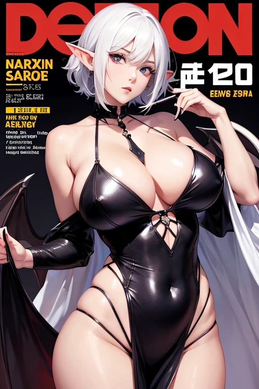 magazine cover of demon, sexy pose, big breasts, adjust dress, short white hair, elf earns