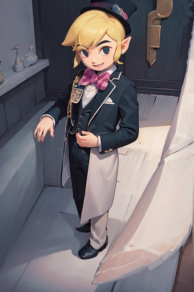 ((masterpiece,best quality)), Toon_Link_Zelda, black eyes, solo, 1boy, top hat, bowtie, formal clothes, solo, smiling, standing, looking at viewer,