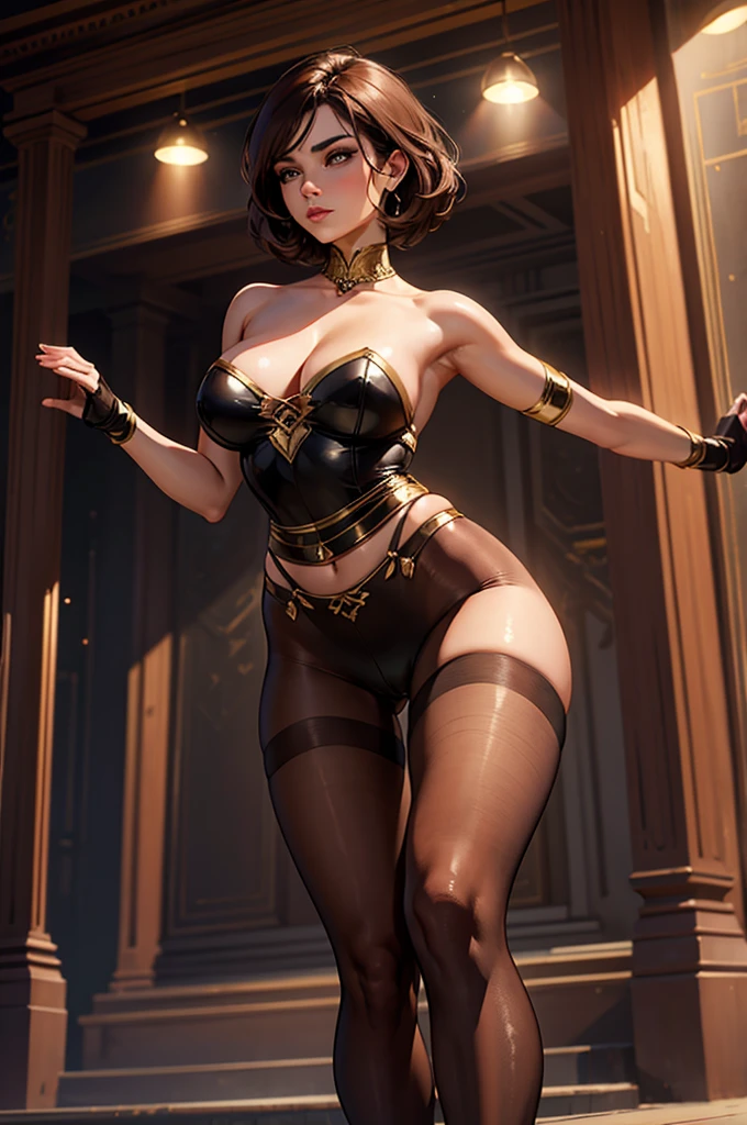 a beautiful and sensual dancer, confident, brown hair, short tights, legs and thighs