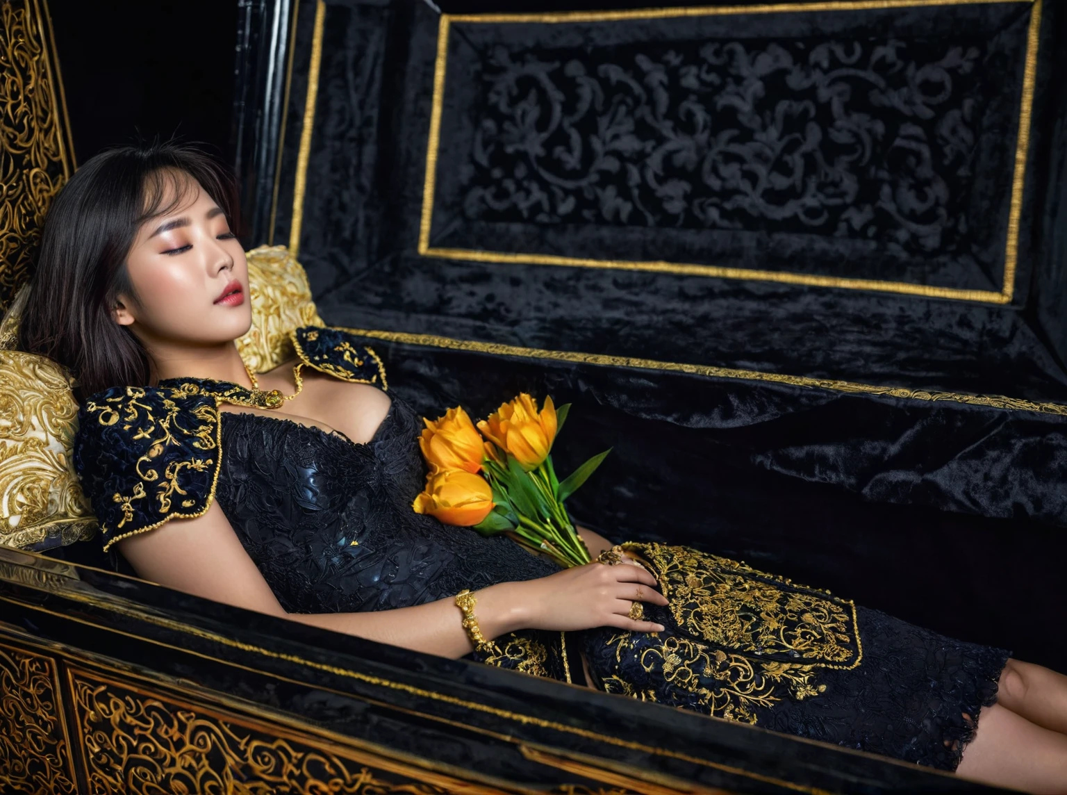 In a striking 8K HDR scene, a stunning Korean woman, 22 years old, lies peacefully in a black coffin surrounded by plush pillows. The deep box is set against a rich black background, accentuating the beauty of the subject. Her exquisite deep-V neckline kebaya attire is embroidered with superb detail, showcasing her round and firm breasts, perfect cleavage, and beautiful eyebrows. Her closed eyes and mouth give an air of serenity, while her visible and absolute cleavage leave nothing to imagination. The scene is bathed in saturated colors, highlighting every intricate aspect from the ball skirt to her clean face, straight body, detailed hand perfect hands, straight body, own hands together, own hand on stomach, detailed hands, perfect hands.