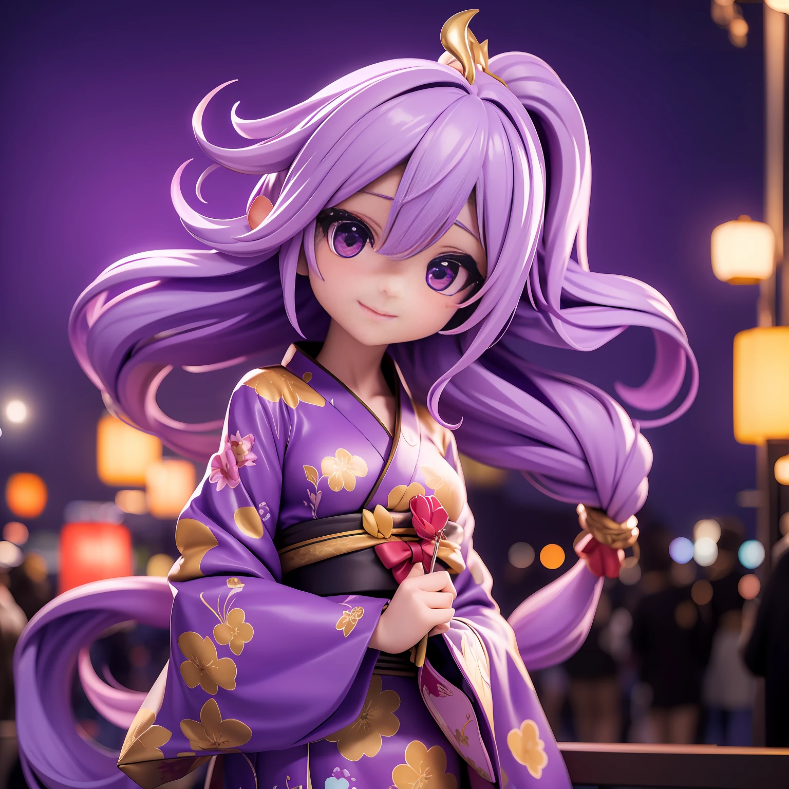 Create a high-quality, anime-style illustration of a mature woman in her 50s to 60s enjoying a summer festival with a stunning view of fireworks illuminating the night sky. She has long, flowing hair with prominent streaks of silver, adding to her graceful and mature appearance. Her eyes are wise and serene, with a depth that comes from years of life experience. She wears a beautiful yukata adorned with elegant and intricate floral patterns, tied with a colorful obi. Her demeanor is poised and elegant, exuding a sense of confidence and serenity. She holds a traditional paper fan and a small bag of festival treats, her smile warm and reassuring. The background features a bustling festival street with colorful lanterns, food stalls, and lively crowds, all set against a backdrop of a picturesque town. Fireworks burst overhead, casting a magical glow over the scene. The color palette should include deep blues, vivid reds, and sparkling golds to capture the lively and celebratory atmosphere of a summer festival. Ensure the overall image exudes a sense of joy, wonder, and the comforting presence of a mature woman, capturing the essence of a memorable summer night. (50 to 60 years old:1.4), (1 woman:1.4), (Light purple hair:1.4), (straight long hair:1.7), sophisticated, confident expression, high cheekbones, deep wrinkles, (mature features:1.4), (medium breasts:1.4), (purple right eye:1.4), Black yukata, (red left eye:1.4), (Eyeshadow:1.3), (blush:1.2), light smile, full body, BREAK (very wide:1.3), (panorama view:1.3), (sense of depth:1.5), (long shot:1.3), (magnificent view:1.3), (mature face:1.4), (defined jawline:1.4), (prominent cheekbones:1.4), (narrow eyes:1.4), (small lips:1.4)"