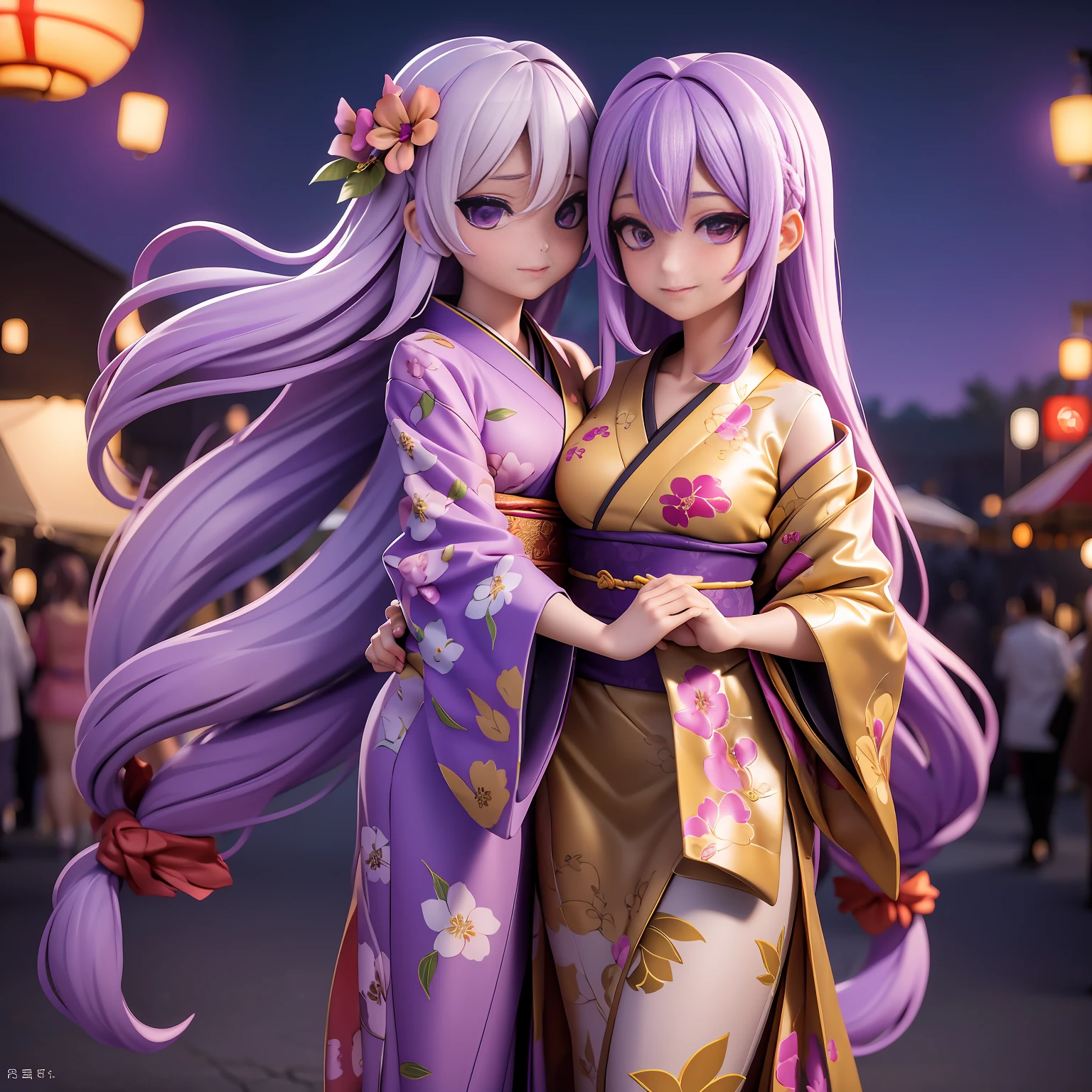 Create a high-quality, anime-style illustration of a mature woman in her 50s to 60s enjoying a summer festival with a stunning view of fireworks illuminating the night sky. She has long, flowing hair with prominent streaks of silver, adding to her graceful and mature appearance. Her eyes are wise and serene, with a depth that comes from years of life experience. She wears a beautiful yukata adorned with elegant and intricate floral patterns, tied with a colorful obi. Her demeanor is poised and elegant, exuding a sense of confidence and serenity. She holds a traditional paper fan and a small bag of festival treats, her smile warm and reassuring. The background features a bustling festival street with colorful lanterns, food stalls, and lively crowds, all set against a backdrop of a picturesque town. Fireworks burst overhead, casting a magical glow over the scene. The color palette should include deep blues, vivid reds, and sparkling golds to capture the lively and celebratory atmosphere of a summer festival. Ensure the overall image exudes a sense of joy, wonder, and the comforting presence of a mature woman, capturing the essence of a memorable summer night. (50 to 60 years old:1.4), (1 woman:1.4), (Light purple hair:1.4), (straight long hair:1.7), sophisticated, confident expression, high cheekbones, deep wrinkles, (mature features:1.4), (medium breasts:1.4), (purple right eye:1.4), Black yukata, (red left eye:1.4), (Eyeshadow:1.3), (blush:1.2), light smile, full body, BREAK (very wide:1.3), (panorama view:1.3), (sense of depth:1.5), (long shot:1.3), (magnificent view:1.3), (mature face:1.4), (defined jawline:1.4), (prominent cheekbones:1.4), (narrow eyes:1.4), (small lips:1.4)"