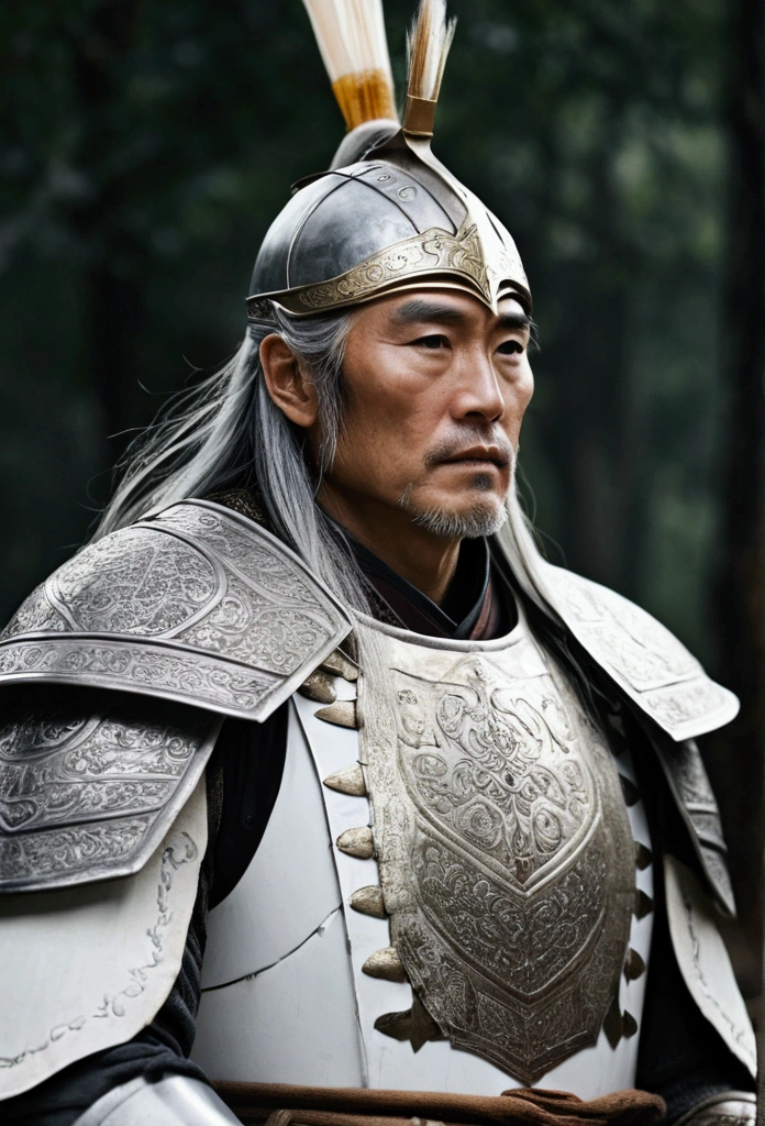 a Paladin, tipis, Cao Cao, long gray hair, white armor, deep and empty look, dark aesthetic, 80's year, ダークファンタジー