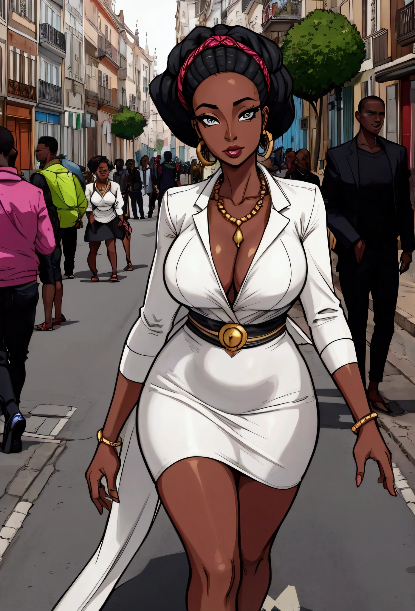 une femme noir africaine sexy aux cheveux longs debout dans une rue pointe son index droit face a la camera