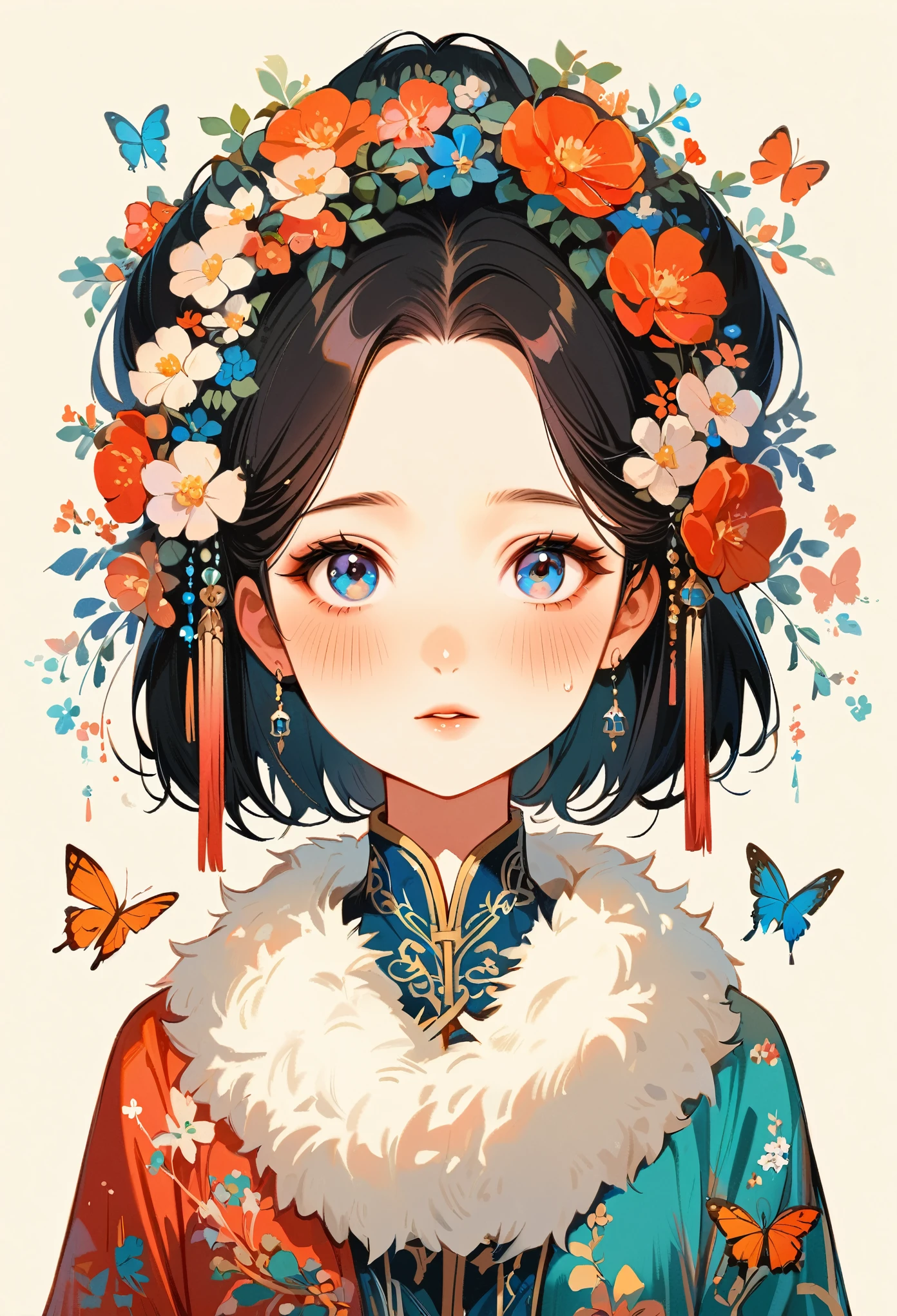 1 sister, Solitary, looking at the audience, Blushed, background, black hair color, Hair accessories, Long sleeve, White background, eternal, Full body female, Flowers in bloom, purple, Flowering, OK, Butterfly, masterpiece, Recent quality, The best details, Clear facial features, beautiful eyes