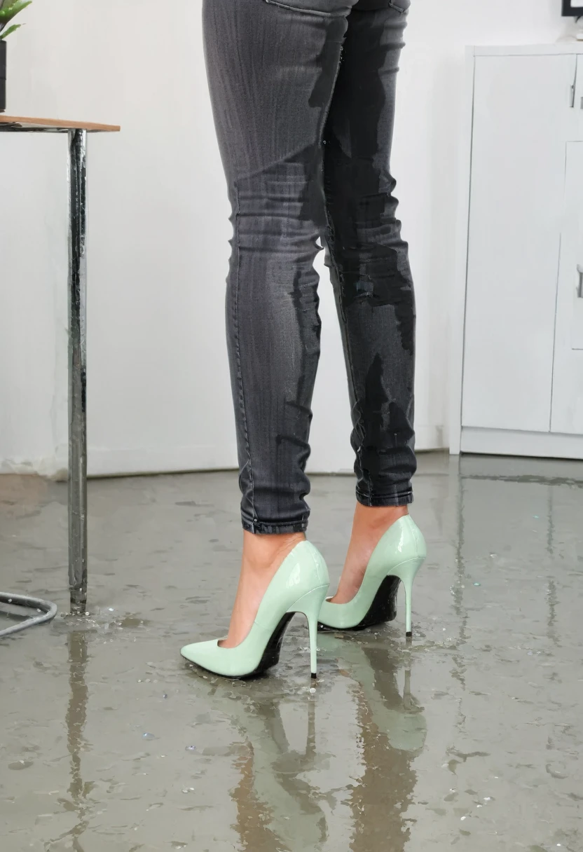 ((side view)), attractive redhead woman wearing black skinny jeans, short curly hair, white high heel pumps, mint green blouse, standing in an office,  wetting, big smile, pee stains are gleaming wet, standing in puddle of pee, high heels filled with pee, ((side view))