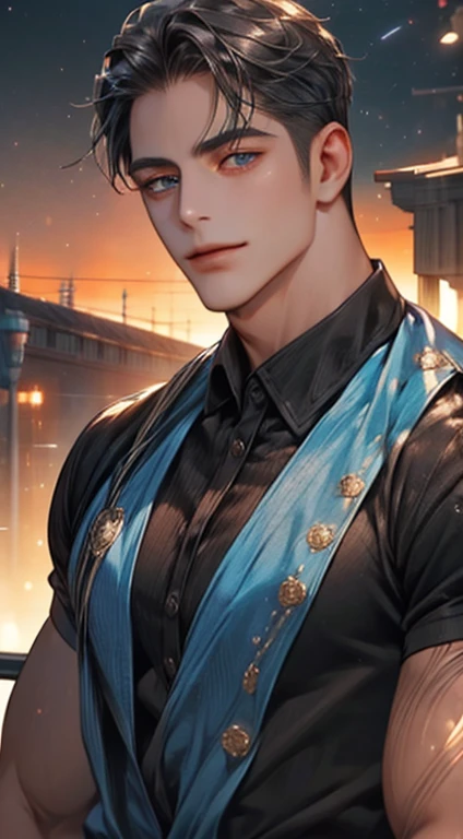 (best quality,4k,8k,highres,masterpiece:1.2),ultra-detailed,(realistic,photorealistic,photo-realistic:1.37),1 man,31 years old,mature man,very handsome,without expression,smile,short grey black hair,blue eyes,penetrating gaze,perfect face without errors,imposing posture,businessman,office background,cinematic lighting,hdr image