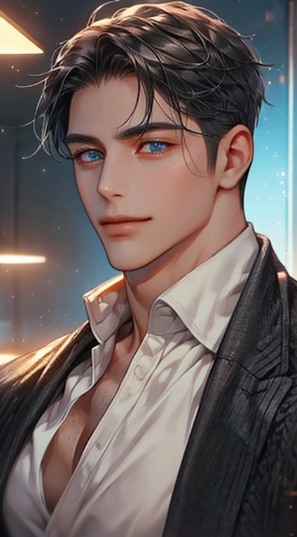 (best quality,4k,8k,highres,masterpiece:1.2),ultra-detailed,(realistic,photorealistic,photo-realistic:1.37),1 man,31 years old,mature man,very handsome,without expression,smile,short grey black hair,blue eyes,penetrating gaze,perfect face without errors,imposing posture,businessman,office background,cinematic lighting,hdr image
