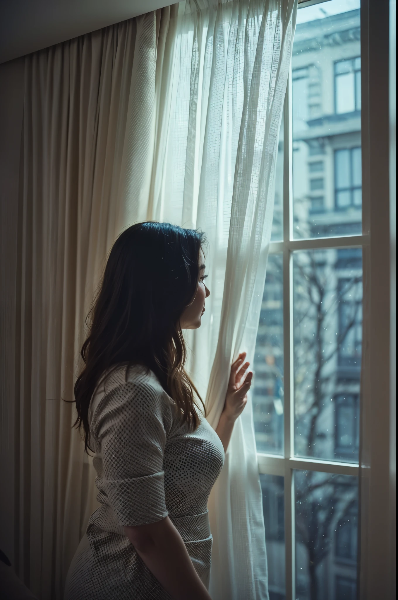 masterpiece, best quality, highres, black and white picture, Concentrated heavy rain、it's heavy raining, it's heavy raining, blurred foreground, blurred background, drops of rain in the air, torrential rain, thunder rainstorm、Metropolis、[[Woman looking out of the window, [with melancholy, melancholy look.]]], The woman is wearing a long tight polka dot dress, her hand moves tend away、face perfect, Unprecedented heavy rain、Ultra-high-speed photography、, realistic hands. [The character is surrounded by mist, evoking a mysterious and eerie atmosphere. The lighting is dark and atmospheric, with smoke adding a touch of sinister ambiance. Best quality image, HDR enhancement, showcasing the utmost level of detail and realism, full body shot:1.5]. [8K, Best Quality, Ultra High Resolution, (highly detailed CG unity 8k wallpaper), (best photo), (best shadows), isometric 3D, octane rendering, ray tracing, highly detailed, (Best quality, 4K, 8k:1.2), absurdity, ultra detailed, (realistic, photorealistic, photorealistic:1.37), complex parts, HDR, (complex parts:1.12), (hyper detailed, hyper realistic, Soft lighting, spicy:1.2), (complex parts, Hyper detailed:1.15). Blurred foreground. (backlit), masterpiece, high quality, brightness, chromatic aberration, foggy smoke, shadows, contrast, clear sky, (warm hue, warm tone), high details, natural reflections].