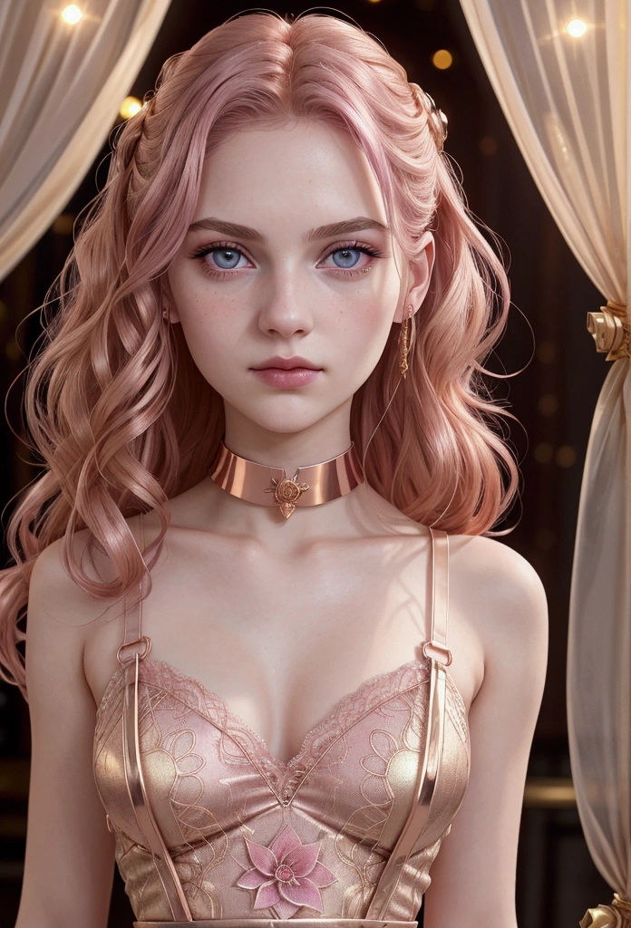 An 18 years old European girl with pale skin and long, wavy rose_gold hair. large and magenta colored eyes, full lips, with an adorable, and innocent face. She should have a happy expression, wearing a pink, gold, and rose gold colored dress, with an elegant and spider web lace theme, something that emphasizes her sweet and compassionate personality. Overall, her appearance would be striking, attracting curious looks. small chested, slender, cinematic lighting, chromatic aberration, backlighting, masterpiece, high details, high quality, 4K.