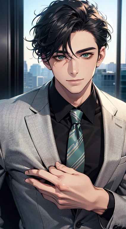 (Highest quality,4K,8K,High resolution,masterpiece:1.2),Super detailed,(Realistic,photoRealistic,photo-Realistic:1.37),1 person,34 years old,Mature Men,Beautiful skin、very handsome,Expressionless smile in love,Short gray Black hair,green eyes,Sharp Eyes,A perfect face without a doubt,Businessman, CEO, Office Background,Cinema Lighting,HDR image,tie、