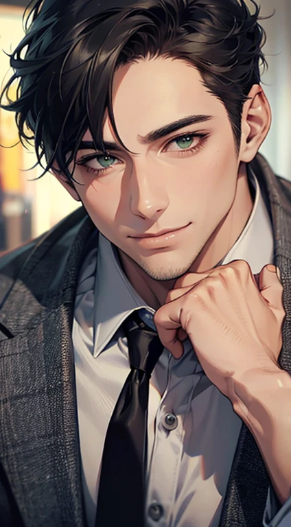 (Highest quality,4K,8K,High resolution,masterpiece:1.2),Super detailed,(Realistic,photoRealistic,photo-Realistic:1.37),1 person,34 years old,Mature Men,Beautiful skin、very handsome,Expressionless smile in love,Short gray Black hair,green eyes,Sharp Eyes,A perfect face without a doubt,Businessman, CEO, Office Background,Cinema Lighting,HDR image,tie、