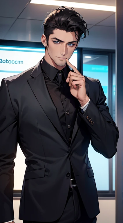 (best quality,4k,8k,highres,masterpiece:1.2),ultra-detailed,(realistic,photorealistic,photo-realistic:1.37),1 man,31 years old,mature man,very handsome,without expression,smile,short grey black hair,blue eyes,penetrating gaze,perfect face without errors,imposing posture,businessman,office background,cinematic lighting,hdr image