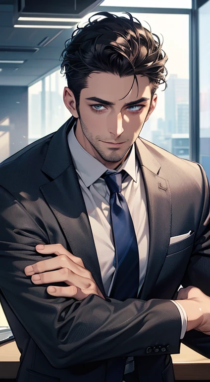 (best quality,4k,8k,highres,masterpiece:1.2),ultra-detailed,(realistic,photorealistic,photo-realistic:1.37),1 man,31 years old,mature man,very handsome,without expression,smile,short grey black hair,blue eyes,penetrating gaze,perfect face without errors,imposing posture,businessman,office background,cinematic lighting,hdr image