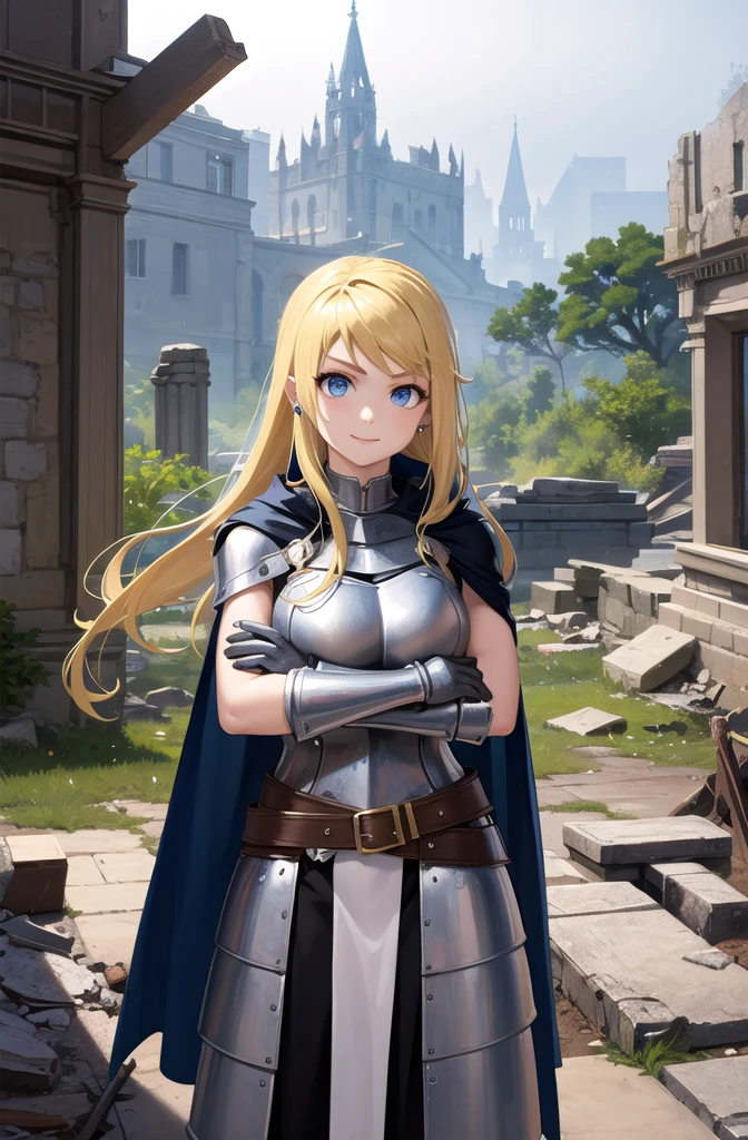 (masterpiece, best quality, detailed), 1 Girl, Solitary, Looking at the audience, winry rockbell, earrings,
armor, Breastplate, armored dress, cape, belt, Gloves, Scapula, ruins, Too big, rubble, pillar, outdoor, architecture, Light, FOG, Cross your arms, Breast Holding, arms under breasts, Smile, Shut up, V-shaped eyebrows