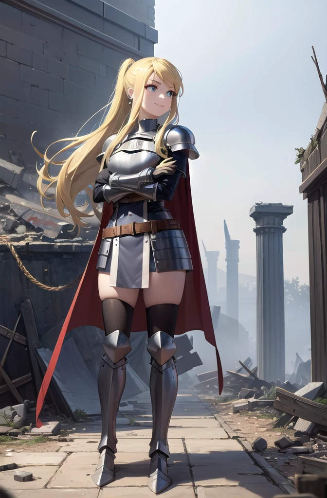 (masterpiece, best quality, detailed), 1 Girl, Solitary, Looking at the audience, winry rockbell, earrings,
armor, Breastplate, armored dress, cape, belt, Gloves, Scapula, ruins, Too big, rubble, pillar, outdoor, architecture, Light, FOG, Cross your arms, Breast Holding, arms under breasts, Smile, Shut up, V-shaped eyebrows