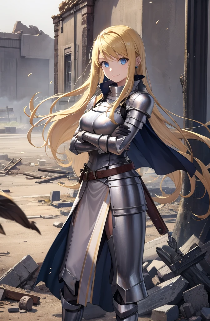 (masterpiece, best quality, detailed), 1 Girl, Solitary, Looking at the audience, winry rockbell, earrings,
armor, Breastplate, armored dress, cape, belt, Gloves, Scapula, ruins, Too big, rubble, pillar, outdoor, architecture, Light, FOG, Cross your arms, Breast Holding, arms under breasts, Smile, Shut up, V-shaped eyebrows