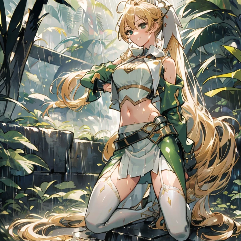 (((professional: Step by Step, taking into account even the smallest detail, God Level Final Result, full body with intricate details, only 1 girl, Image: all the intricate details, masterpiece))): "Quality 3, Wet anime, hyper details, Wet anime -yeld whiwoman with random colored hair Wet hair tied back with a red ribbon Her eyes are the same color as her wet hair, delgado, clothing white crop top and denim miniskirt, A jungle background under a constant torrential rain that soaked them, Wet Back Posture, showing her beautiful body 92 59 90, flirty face, pedestal invisible,, film grain, fuji colors, contrast of lights and shadows, textured skin, dynamic pose, realism, sunlight, high contrast, very sexy pose"