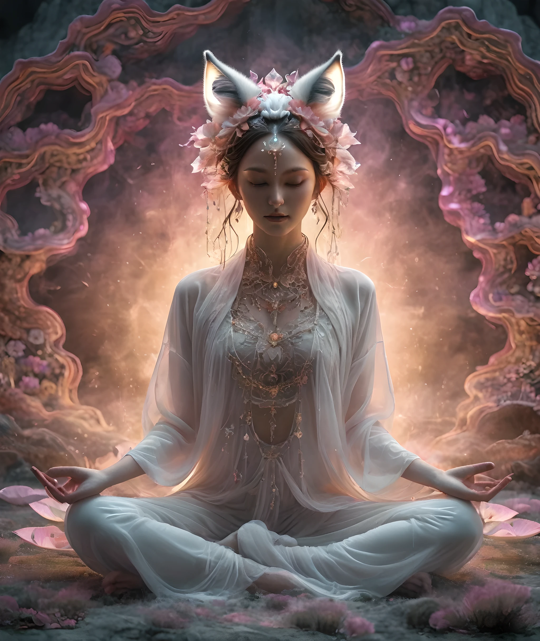 Full body photography of girl in lotus pose,Anatomically correct,Raw, movie shot, (Clear focus:1.5), (Reality:1.4), Dusk lighting, Volumetric Lighting, Ultra-high resolution, 16K,Dramatic Lighting, White background:1.5)(Zentangle,Mandala,Tangle,Entanglement:0.7)Fox Demon,Fox Mask,Short coat, Foxfire Curse, fox family, Transformation, Depth of Field, dreamy atmosphere, Chaos in its most beautiful form, grace, Brutalist design dark theme, Flower of Death, Flowers of ecstasy,Glowing Line,Glow Example,Tracking example,flash, Backlight,translucent,Light Particles,HILL,exit
